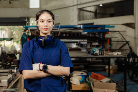 Portrait engineer women working in Lathe shop with metal machinery lathe milling machine, confident...