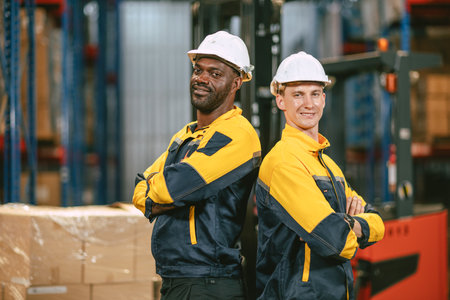 Portrait happy male worker colleague work in warehouse cargo employee engineer team black and white industry working peopleの写真素材