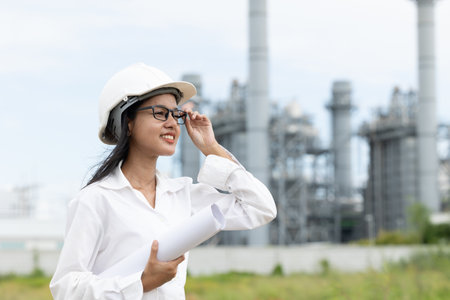 professional smart vision young engineer women standing against refinery power plant building floor plan. large industry construction future project management concept.の写真素材
