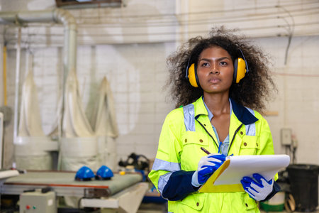 African black women worker working in wood workshop wooden furniture warehouse factory industry checking stock inventory order.の写真素材