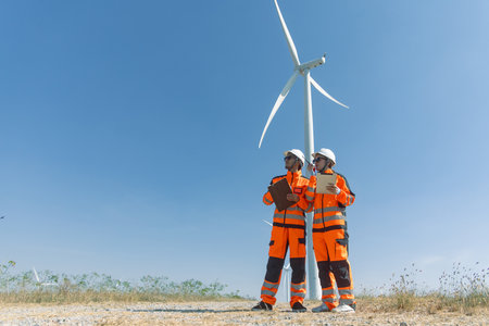 Professional engineer workers teamwork working together service maintenance wind turbine clean power. Wind energy electricity generator farm outdoor.の写真素材
