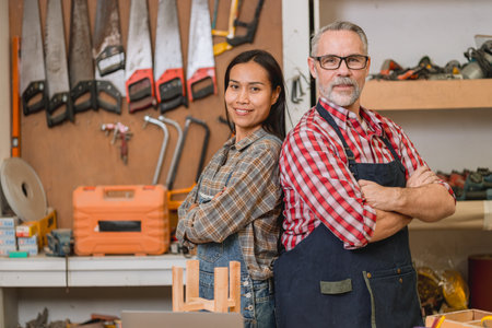 Portrait Professional carpenter team standing confident Happy smile work design furniture in workshop in wood factoryの写真素材