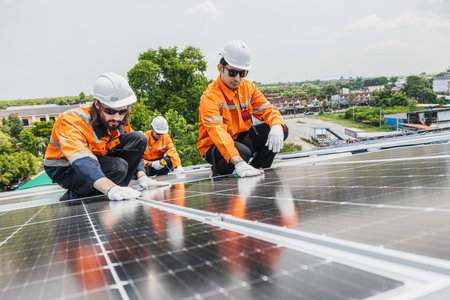 Professional Engineer Service Solar Panel. Worker Maintenance Cleaning Replacing Solar Panel. Solar...