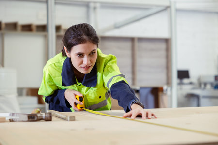 Professional women staff worker enjoy working using ruler tape measure plywood wooden furniture product in factory with safety suitの写真素材