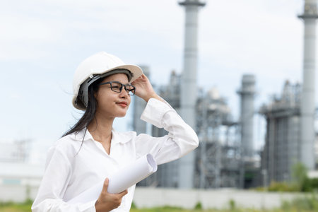 professional smart vision young engineer women standing against refinery power plant building floor...