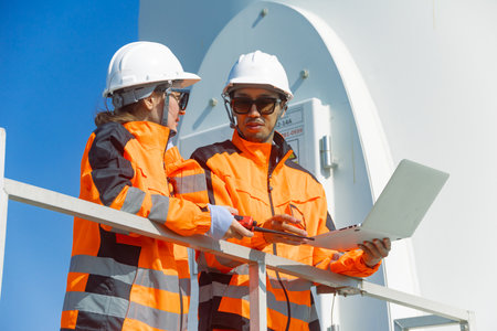 Professional engineer workers teamwork working together service maintenance wind turbine clean power. Wind energy electricity generator farm outdoor.の写真素材