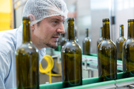 professional engineer technician team expert service maintenance. man checking machine in drink factory production line for certify quality standardの写真素材