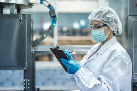 Industry inspector team working, QC staff work checking machine operation for safety and hygiene in drink factoryの写真素材