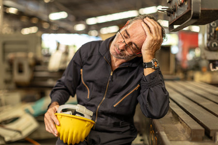 Senior engineer worker tired exhausted sleep nap at work in heavy industry factory.の写真素材