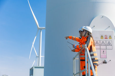 Professional engineer workers teamwork working together service maintenance wind turbine clean power. Wind energy electricity generator farm outdoor.の写真素材