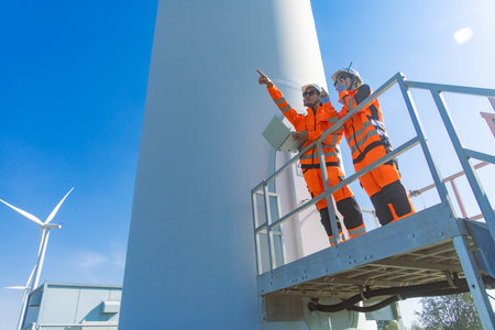 Professional engineer workers teamwork working together service maintenance wind turbine clean power. Wind energy electricity generator farm outdoor.の写真素材