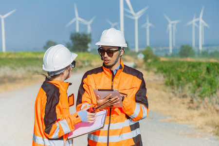 Professional engineer workers teamwork working together service maintenance wind turbine clean power. Wind energy electricity generator farm outdoor.の写真素材
