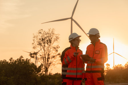 Professional Engineer worker service maintenance wind turbine green power clean energy with sunset evening orange sky backgroundの写真素材