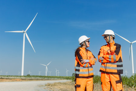 Professional engineer workers teamwork working together service maintenance wind turbine clean power. Wind energy electricity generator farm outdoor.の写真素材