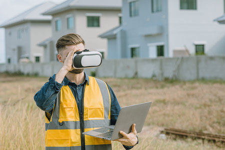 Engineer male worker using Visual reality VR or Augmented reality AR technology in construction...