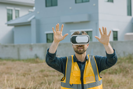 Engineer male worker using Visual reality VR or Augmented reality AR technology in construction...