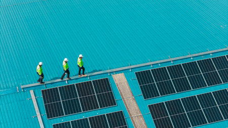 Aerial view of Professional Engineer Team Service Solar Panel. Worker Maintenance Cleaning Replacing...