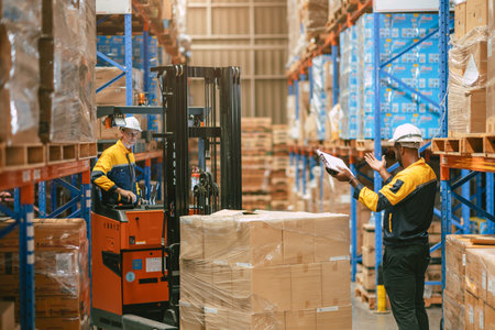 Warehouse worker male working duty stock control with forklift truck moving products cargo inventory...