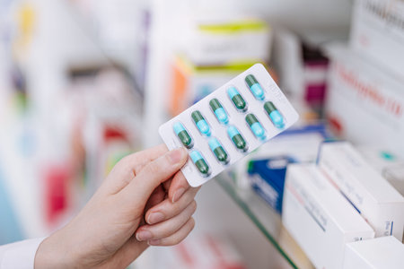 Close up Doctor Pharmacist or Druggist hand holding medicine capsule type pills pack with drugs...