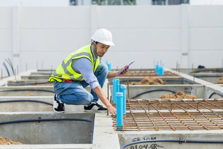 Asian construction engineer, Japanese builder worker male working inspecting footing foundation pipe...