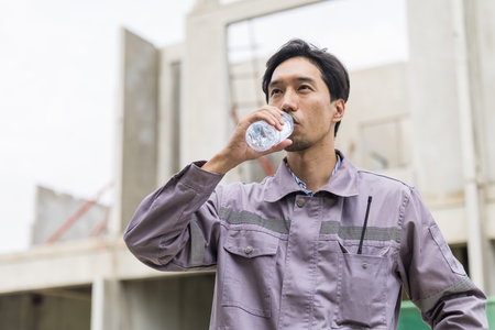 Asian worker male thirsty drinking water in hot summer weather working outdoor at construction siteの写真素材