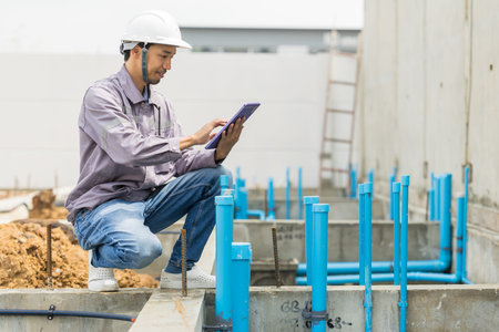 Asian construction engineer, Japanese builder worker male working inspecting footing foundation pipe...