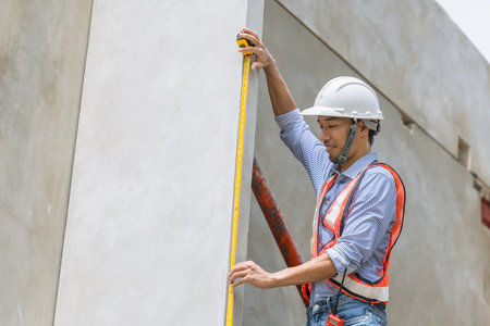 Home builder worker using tape measurement working in house building construction site