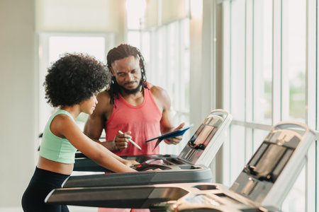 Sport African Afro black girl, Preteen athlete kid training sport exercise activity with trainer man on treadmill in gym school sport clubの写真素材