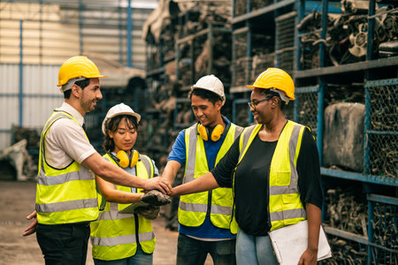 group of workers team unity mix people multiracial together, engineer friend at work happy smiling at factoryの写真素材
