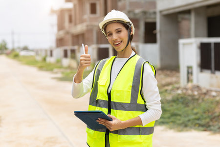 Happy construction engineer woman, Smart working women with safety reflective vest confident thumbs...