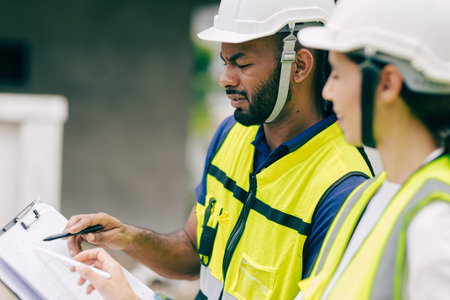 Construction Engineer team, Engineers teamwork man and women working together at construction site...