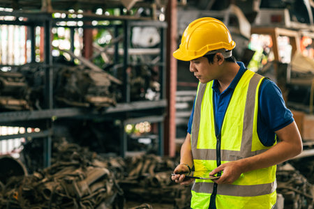 technician male worker working in scrapyard finding used car engine block order from customer at...