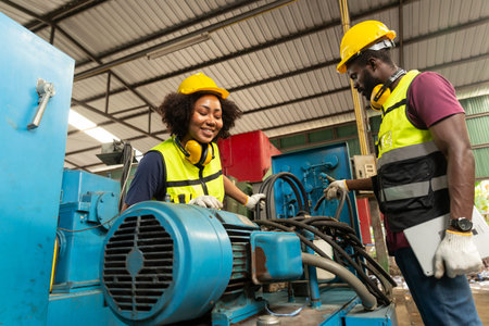 professional engineer worker male help assisting young women worker to check service old machine in...