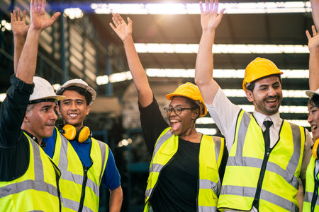 group of workers team unity mix people multiracial together, engineer friend at work happy smiling at factoryの写真素材