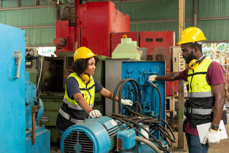 professional engineer worker male help assisting young women worker to check service old machine in...