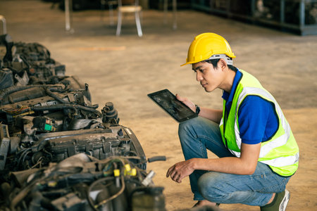 technician male worker working in scrapyard finding used car engine block order from customer at...