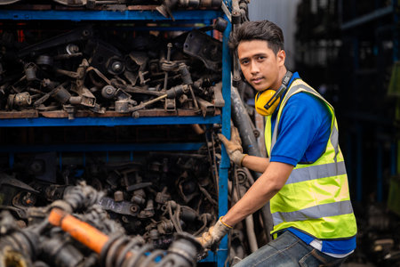 garage mechanic male. portrait engineer man confident, technician in used auto part stock warehouse car junkyardの写真素材