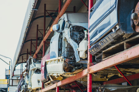 garage scrapyard, old used vehicle spare part engine block car body parts storage for recycle or repair for saleの写真素材