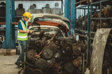 Old used car part warehouse worker checking inventory in garage. Staff worker working in recycle motor junkyard auto parts management.の写真素材