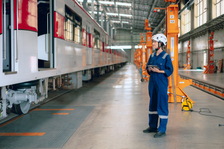Train engineer working, Train mechanic check inspecting railway track and engine at Train station...