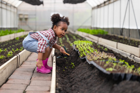 Happy African black farmer girl, Cute lovely preschool child playing planting green plant in greenhouse vegetable farmの写真素材
