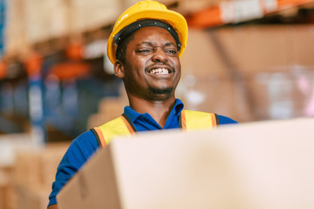 warehouse worker carrying lifting weight box moving storage box in cargo muscle back painの写真素材
