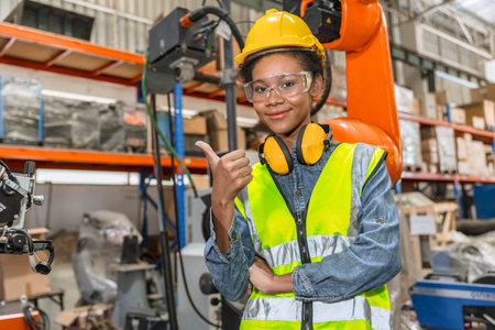 professional young engineer, technician work in modern factory industrial robot welding arm machine...