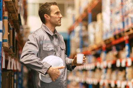 caucasian adult male worker standing drink a coffee while brake relax resting at warehouse storage...