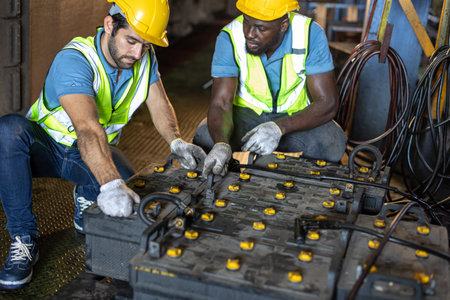 Engineer male workers working charging old battery, Train power supply using in train convoy cabin