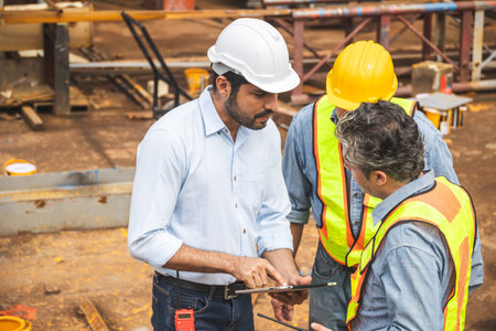 Construction engineer team working together join teamwork talking together at construction site...