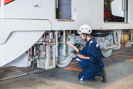 Train engineer working, Train mechanic check inspecting railway track and engine at Train station depot, Advance transport engineeringの写真素材