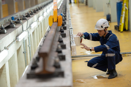 Train engineer working, Train mechanic check inspecting railway track and engine at Train station depot, Advance transport engineeringの写真素材