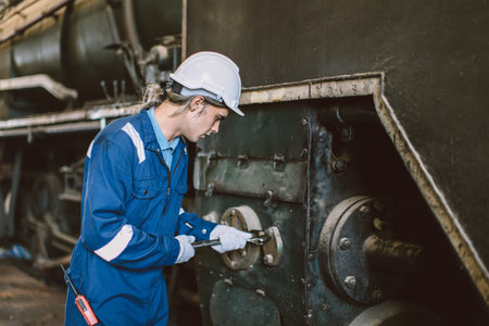 Train engineer working at train depot, Young mechanic service maintenance old diesel engine train