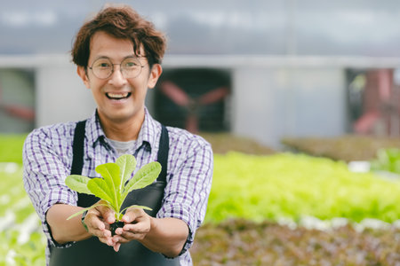 Portrait Happy smiling success Asian hydroponic modern farmer with organic green cos plant crops agriculture farmの写真素材